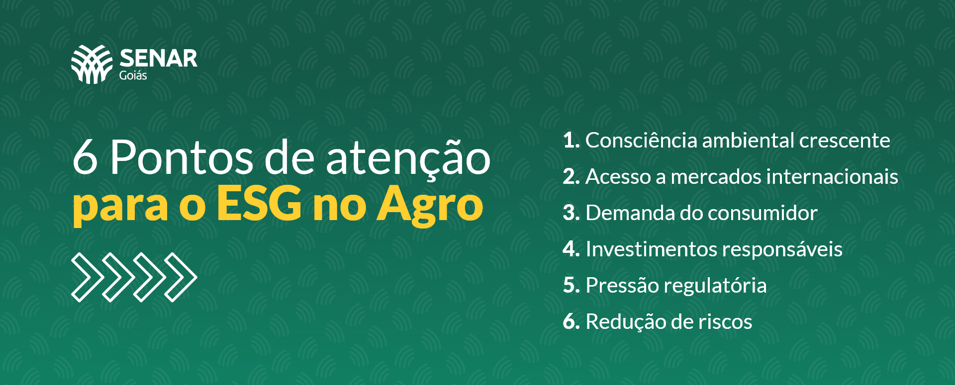 Banner informativo com a Marca Senar-GO destacando 6 Pontos de Atenção para o ESG no Agro: consciência ambiental crescente, acesso a mercados internacionais, demanda do consumidor, investimentos responsáveis, pressão regulatória e redução de riscos