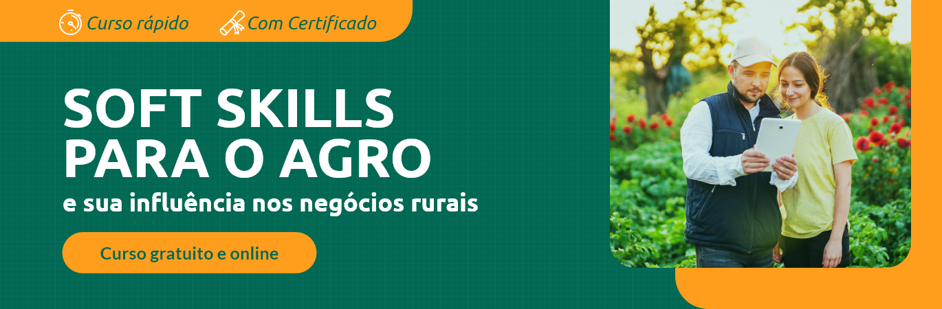 Banner do curso Soft Skill para o Agro com homem e mulher vendo um tablet